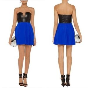 Mason Silk and Leather Corset Mini Fit Flare Dress Cobalt Blue Black Sz 2